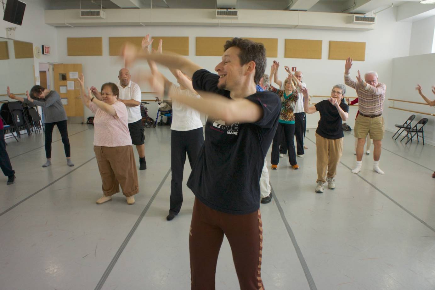 Artist David Leventhal leads a Dance for PD class at Mark Morris Dance Center as depicted in the film 